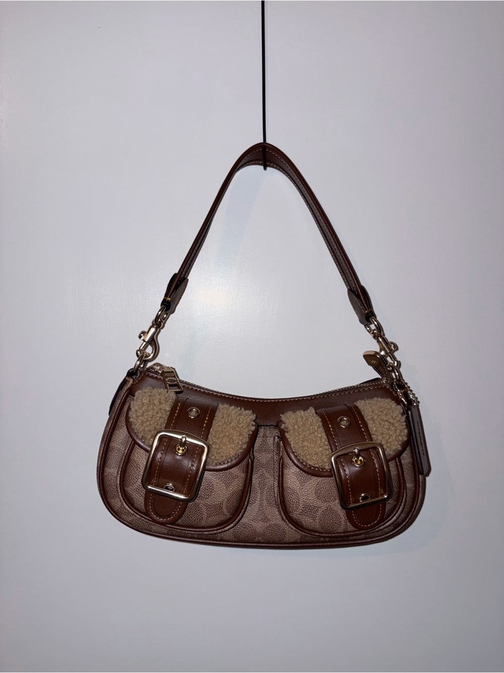 Coach Brown Signature Shoulder Bag with Shearling Accents